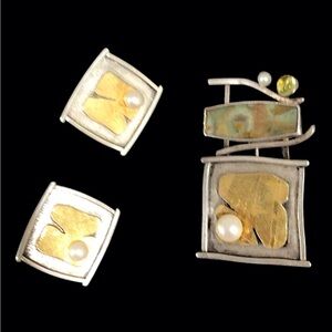 By D. McAfee /Artisan Designed/Signed Sterling/Brass Pin/Pendant & earring set